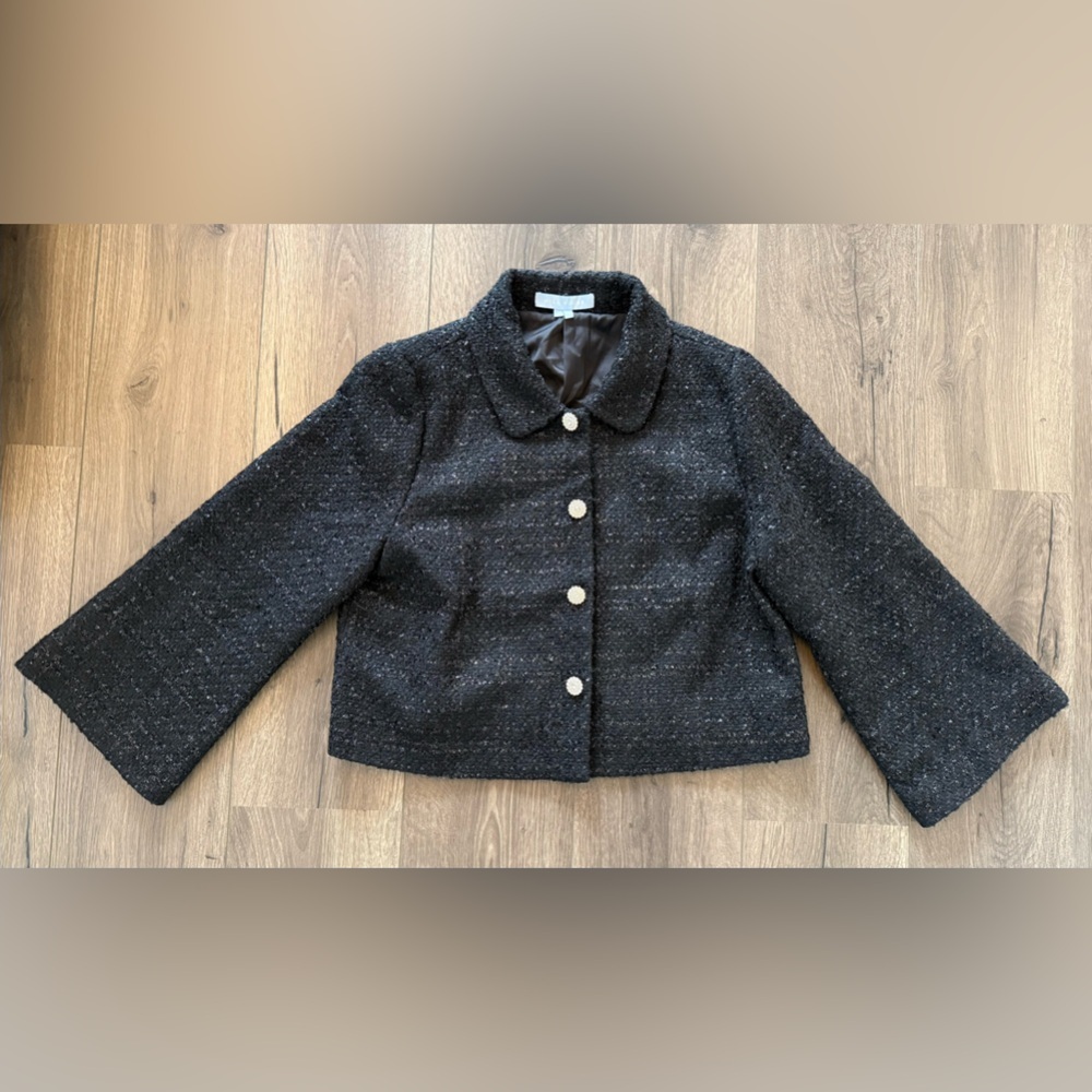 Hill House Tweed Blazer Jacket Medium Black Cropped Button up Chic Classic - Picture 6 of 8